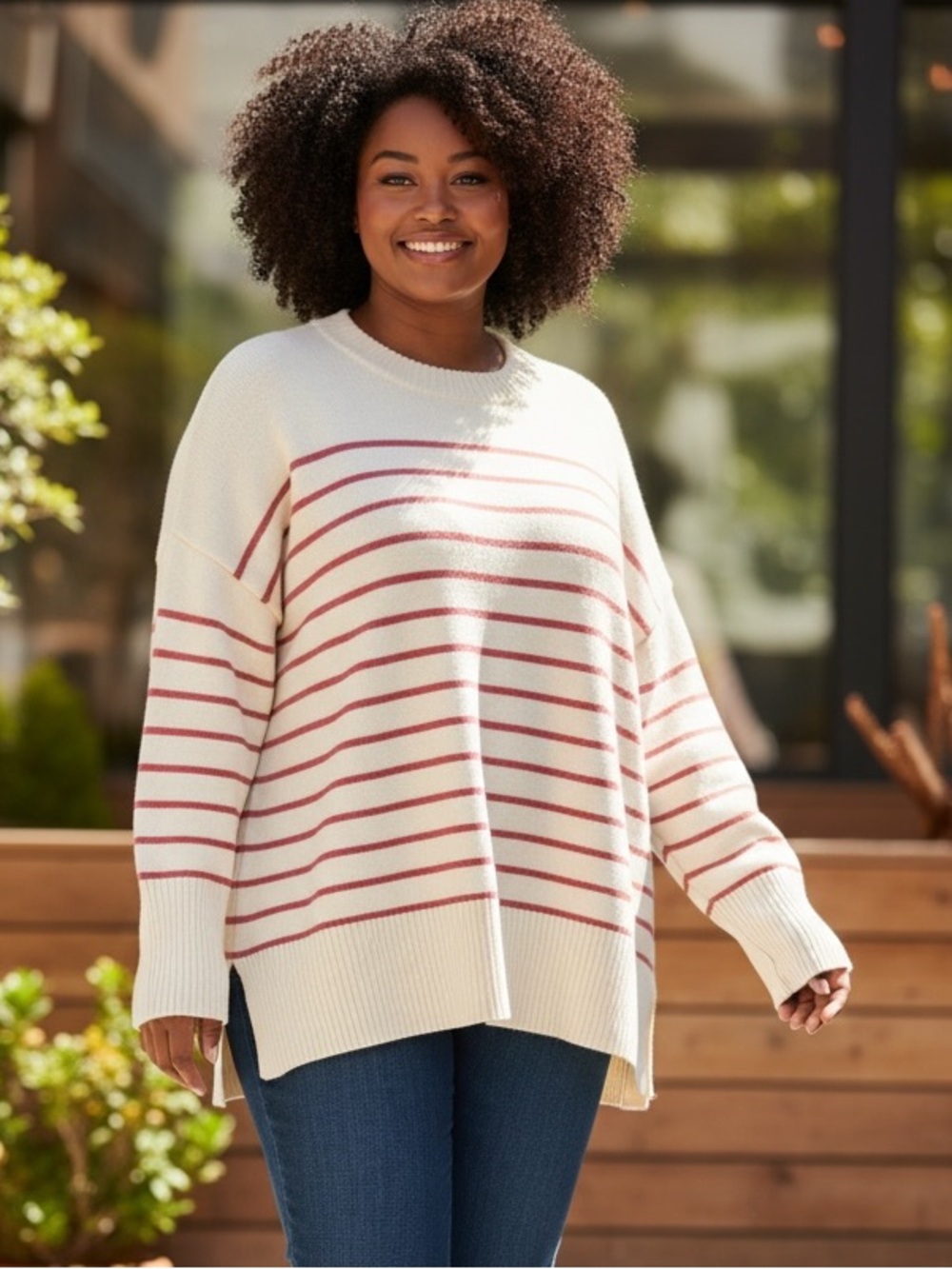 Cream Striped Crewneck Sweater